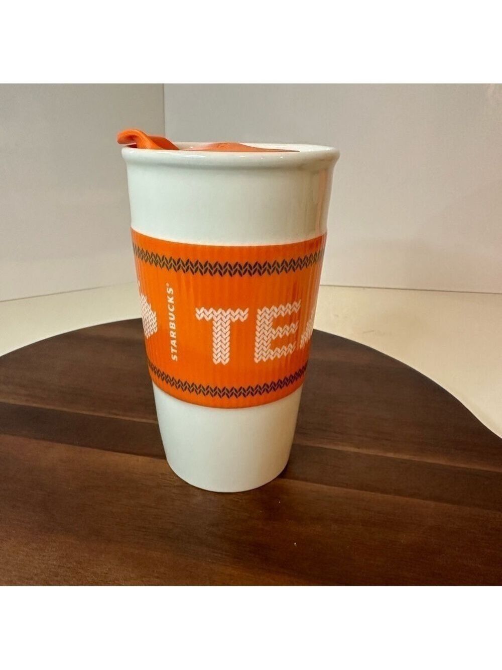 Starbucks 2016 Team Pumpkin Spice Latte Ceramic Travel Mug 10oz Orange and White